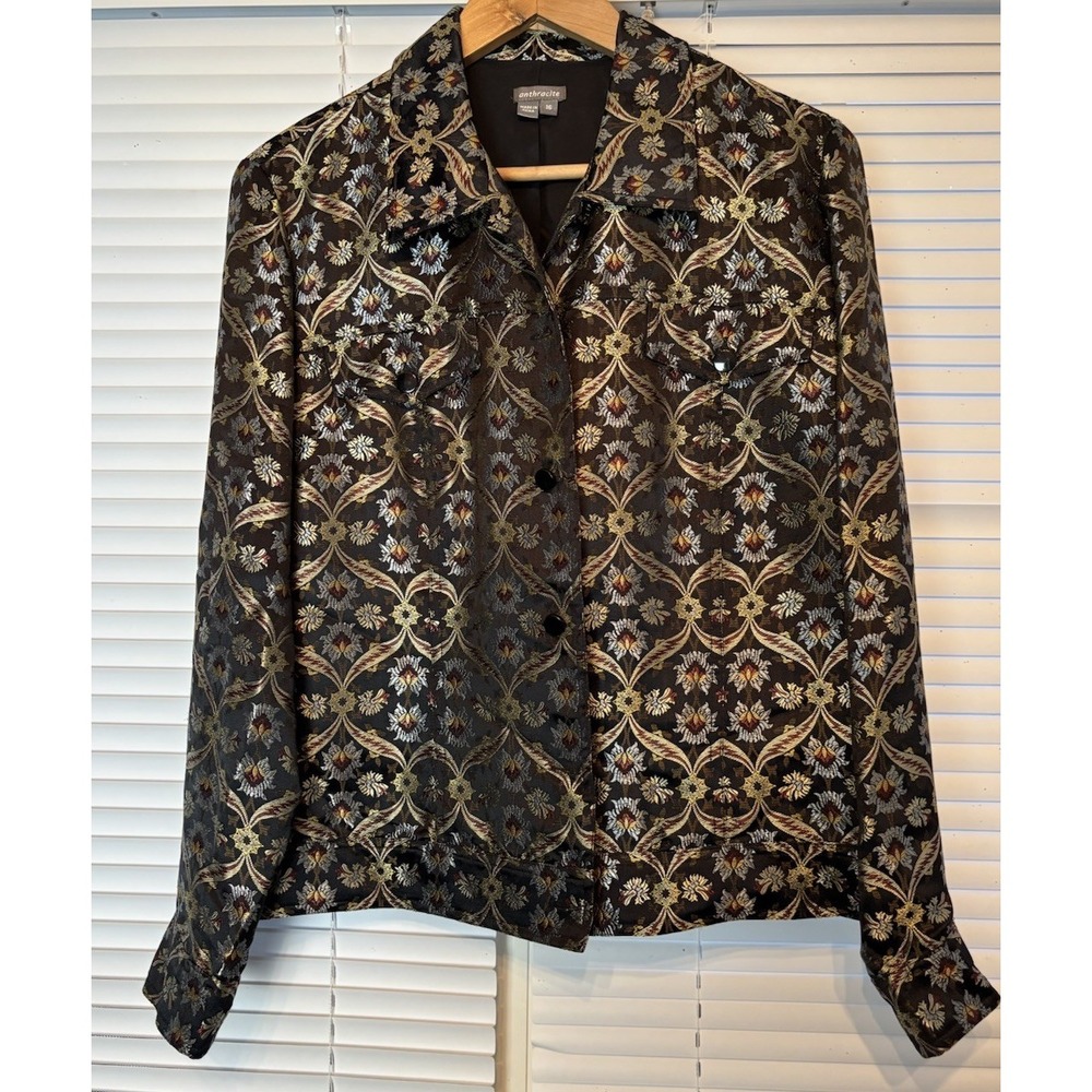 Anthracite Womens 16 Floral Brocade Button Front Shirt /Jacket Black Shimmer